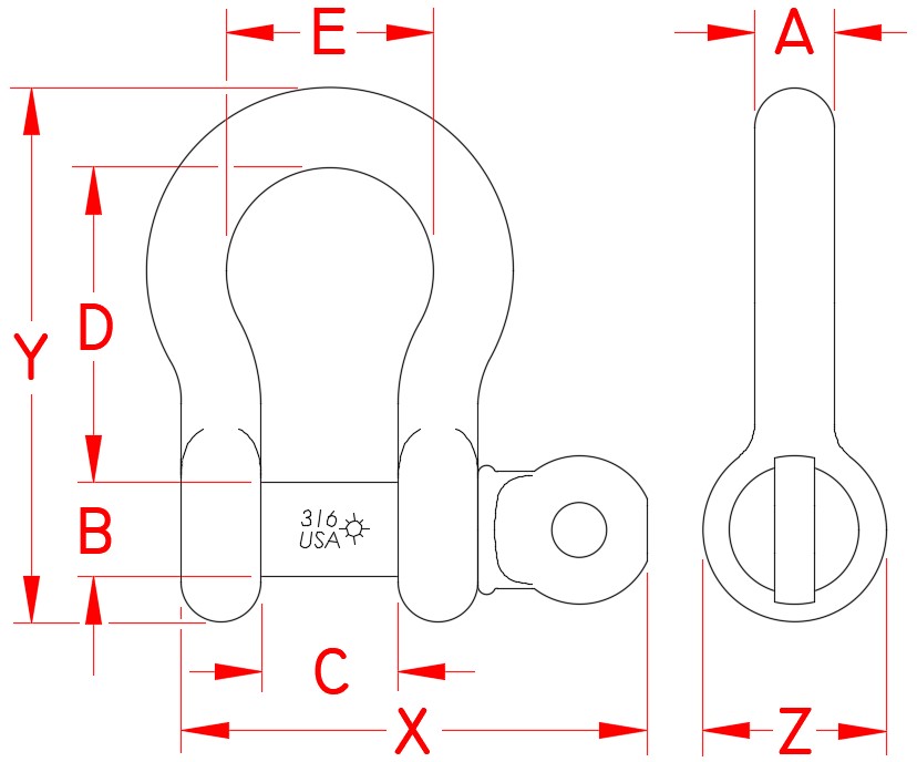 Stainless Steel US Anchor Shackle, meets ASME B30.26-2010 section 26-0 American National Standard and is also DFARS compliant, S0116-FS07-US, S0116-FS08-US, S0116-FS10-US, S0116-FS12-US, S0116-FS13-US, S0116-FS16-US, S0116-FS16-US, S0116-FS22-US, S0116-FS25-US, Line Drawing